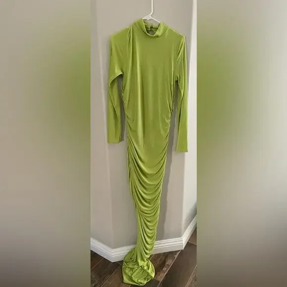 Fashion Nova Lily Ruched Long Sleeve Maxi Dress Size Large Lime Green New - Picture 4 of 13
